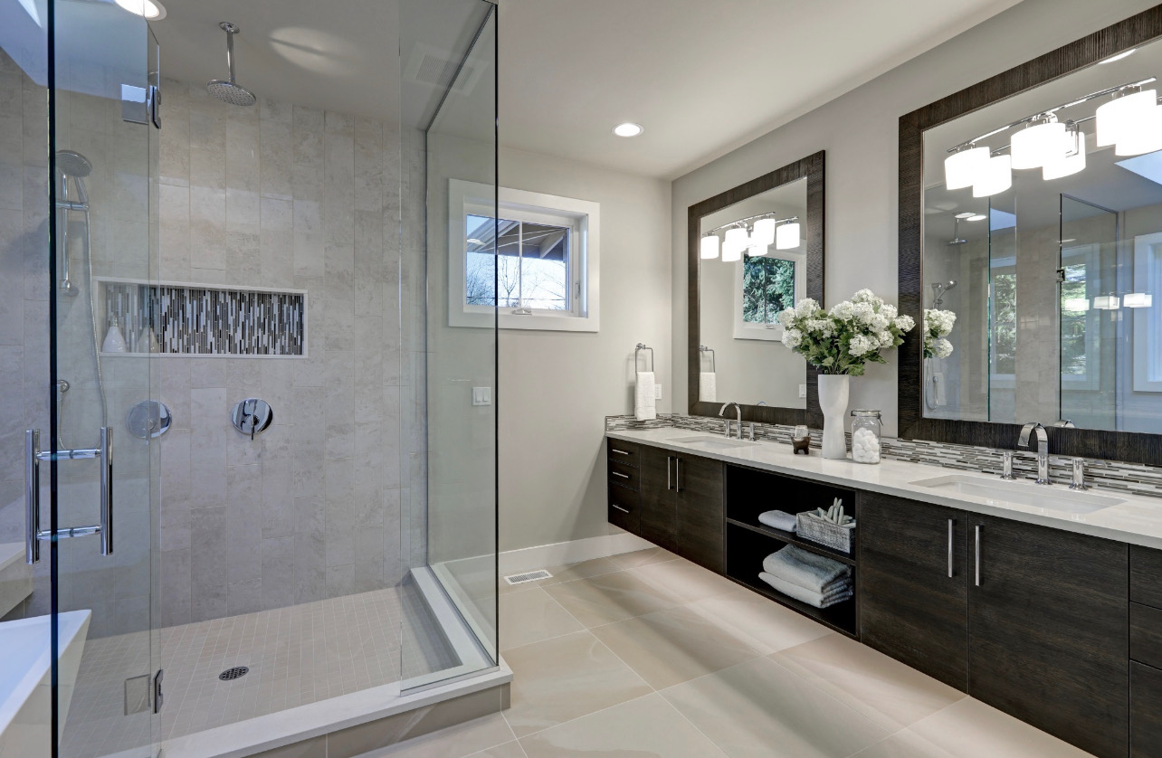 Marble bathroom shower and vanity