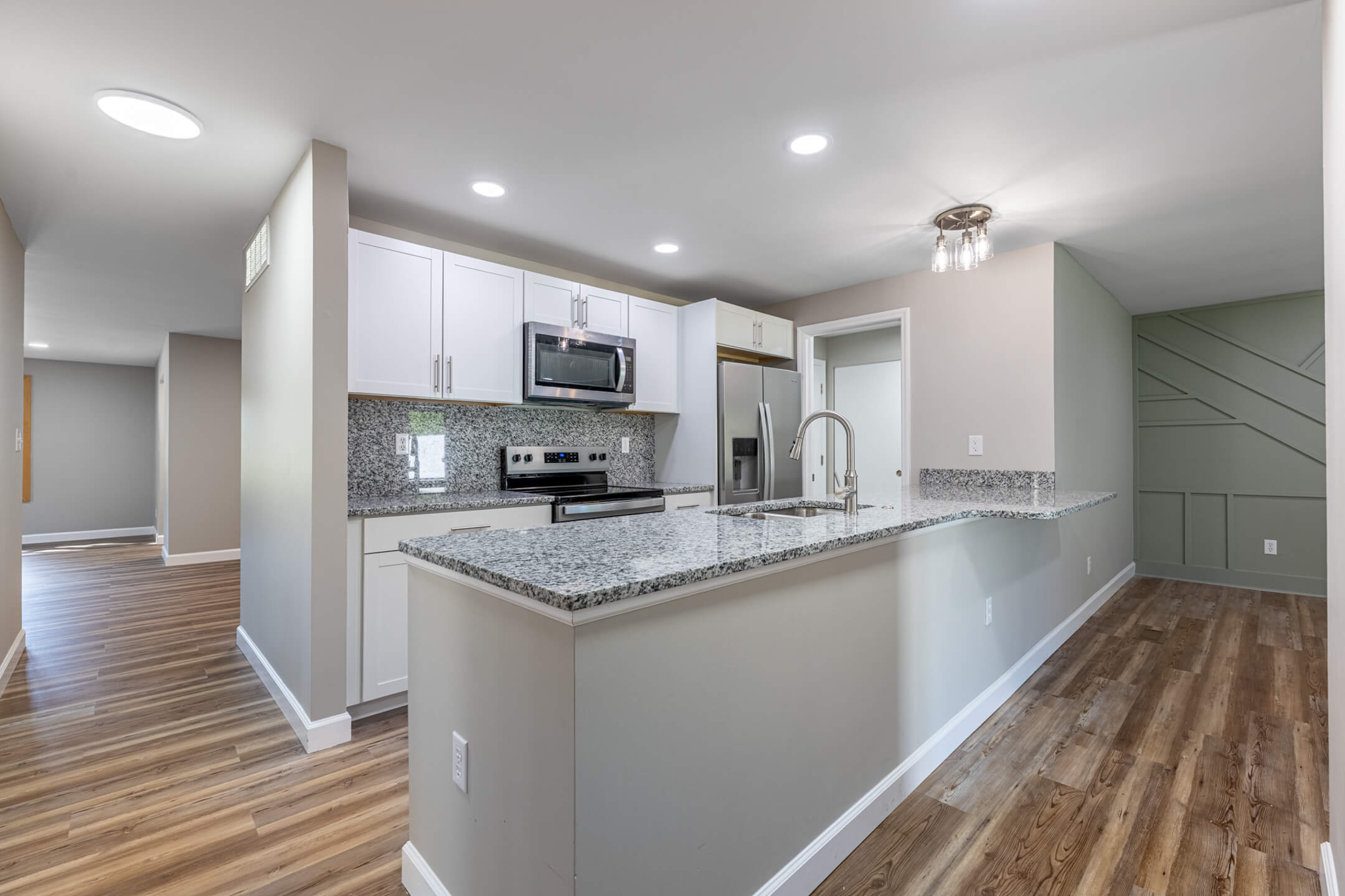 Kitchen island with dark beam detail