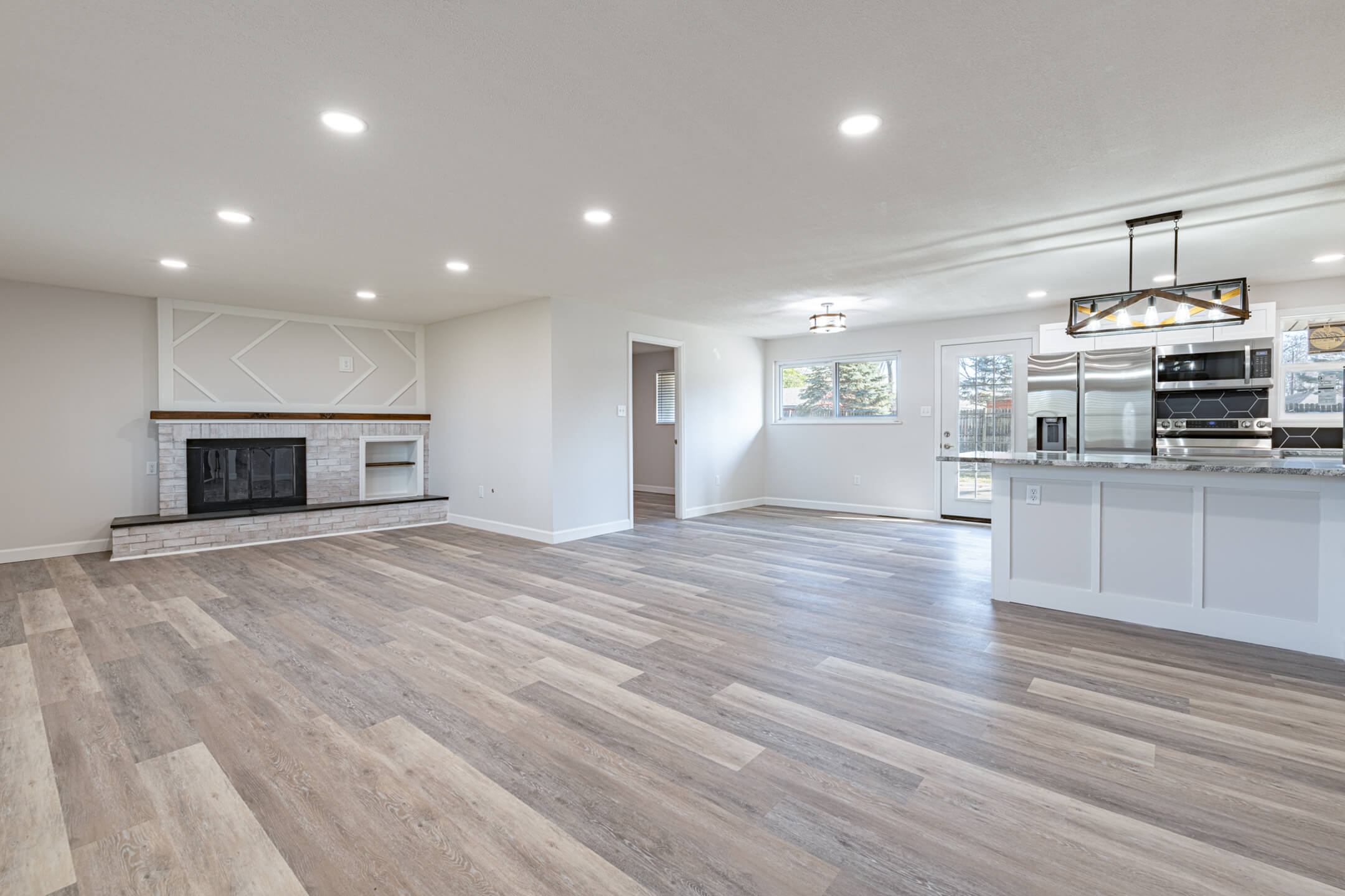 Open interior design project with kitchen and living space