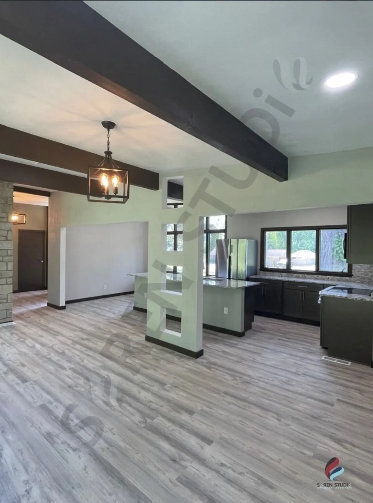 Open interior design project with kitchen and living space